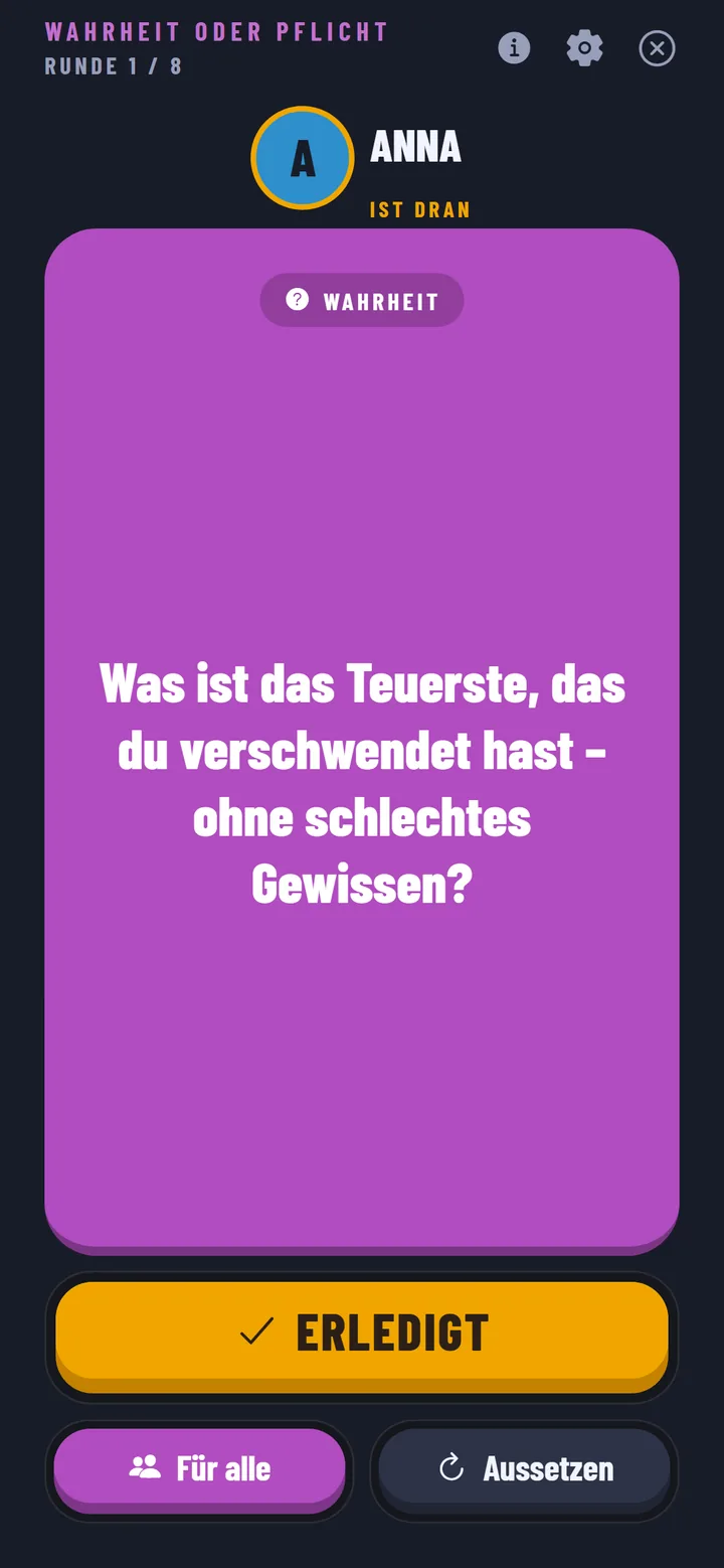 Wahrheit oder Pflicht: App-Ansicht